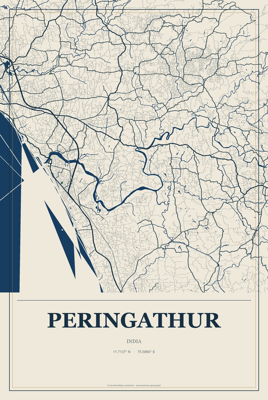 Peringathur, India City Map Aluminum Sign in Coastal Cutout style