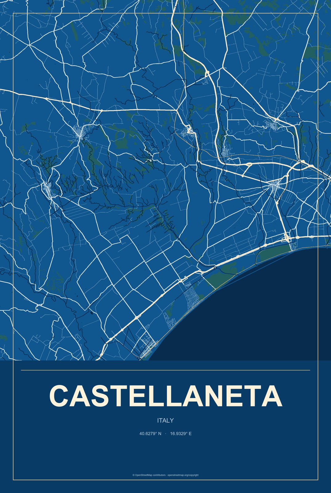 Castellaneta, Italy City Map Aluminum Sign in Harbor Cobalt style