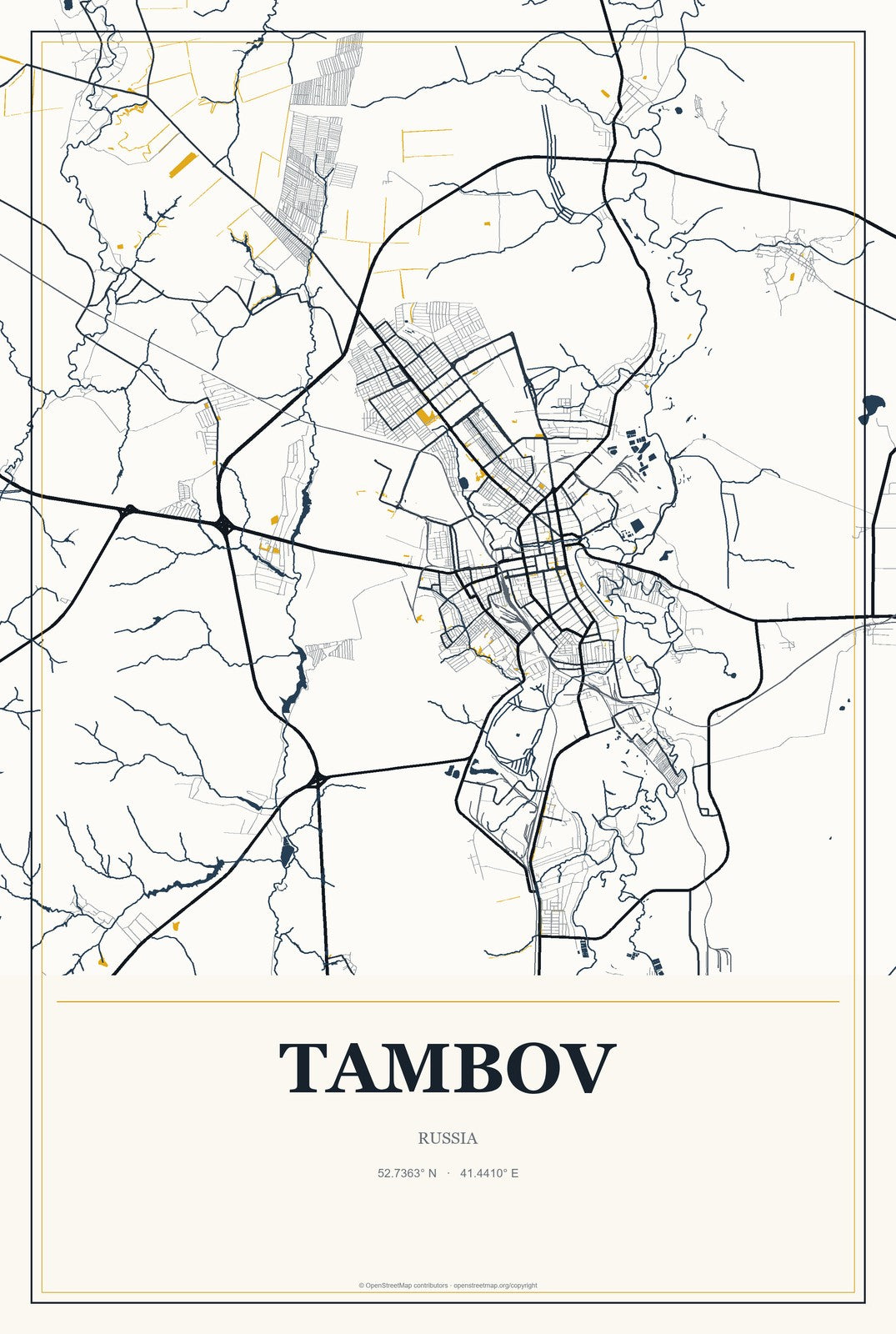 Tambov, Russia City Map Aluminum Sign in Citrine Modern style