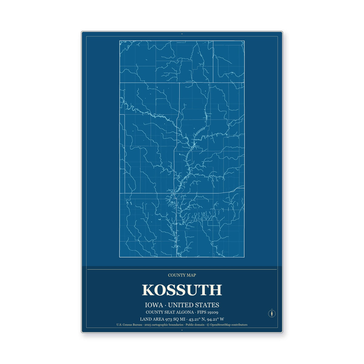 Kossuth County, Iowa Map Aluminum Sign in Harbor Cobalt style