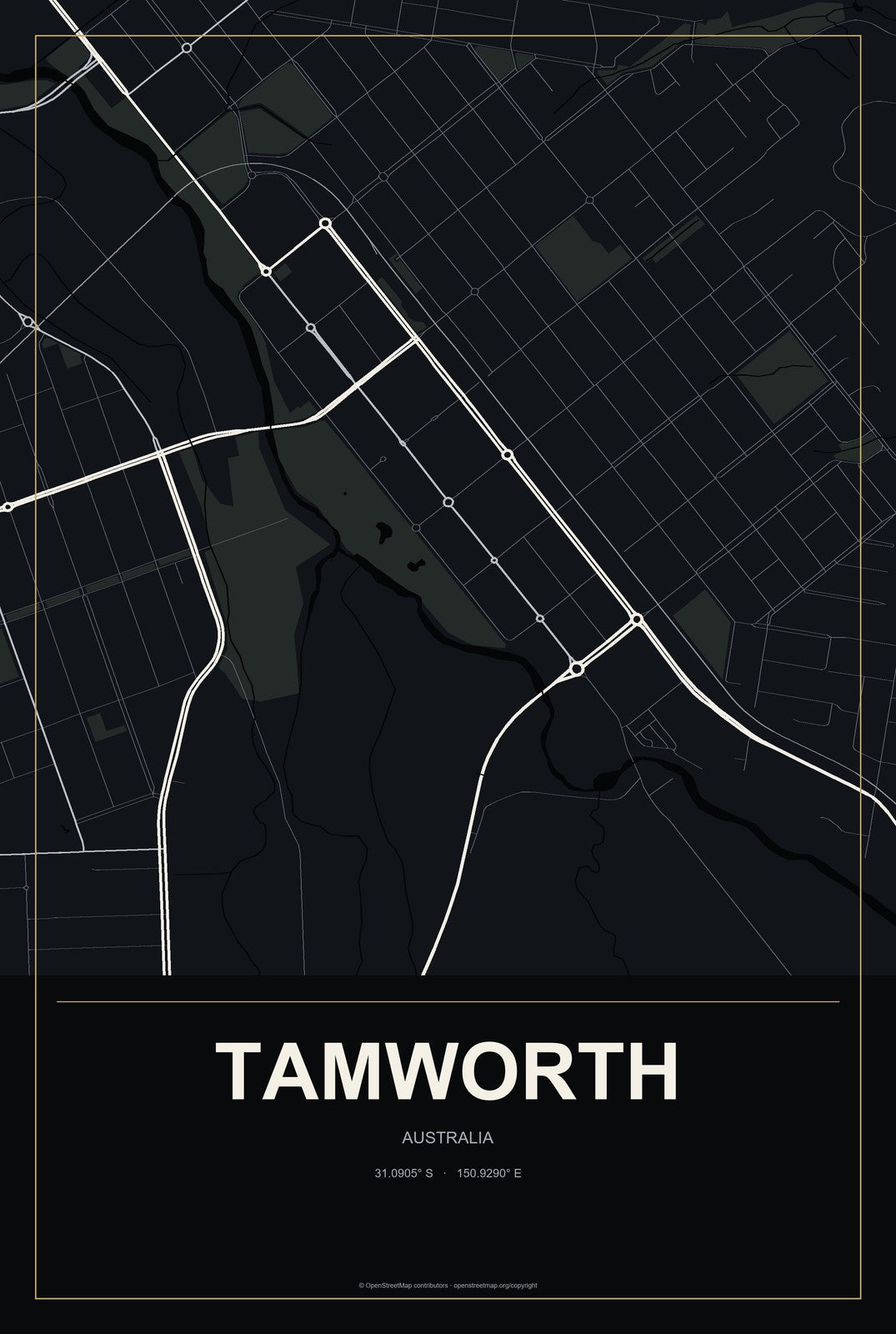 Tamworth, Australia City Map Aluminum Sign in Metropolitan Noir style