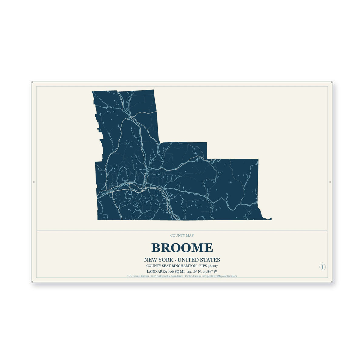 Broome County, New York Map Aluminum Sign in Coastal Cutout style