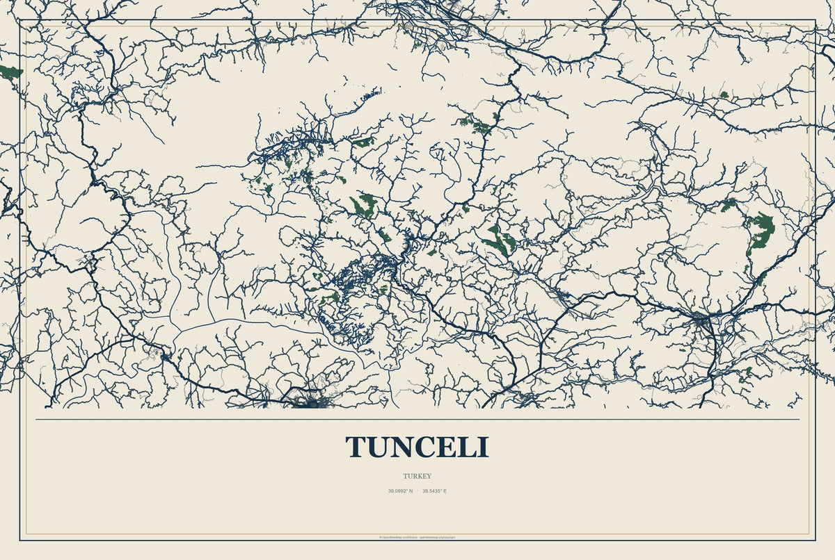 Tunceli, Turkey City Map Aluminum Sign in Coastal Cutout style