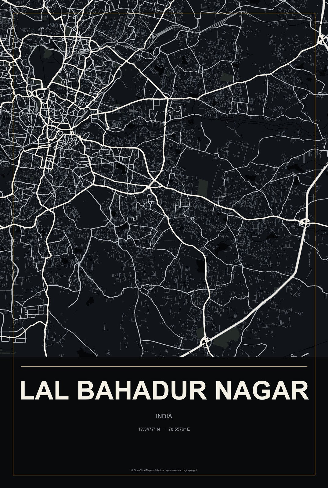 Lal Bahadur Nagar, India City Map Aluminum Sign in Metropolitan Noir style
