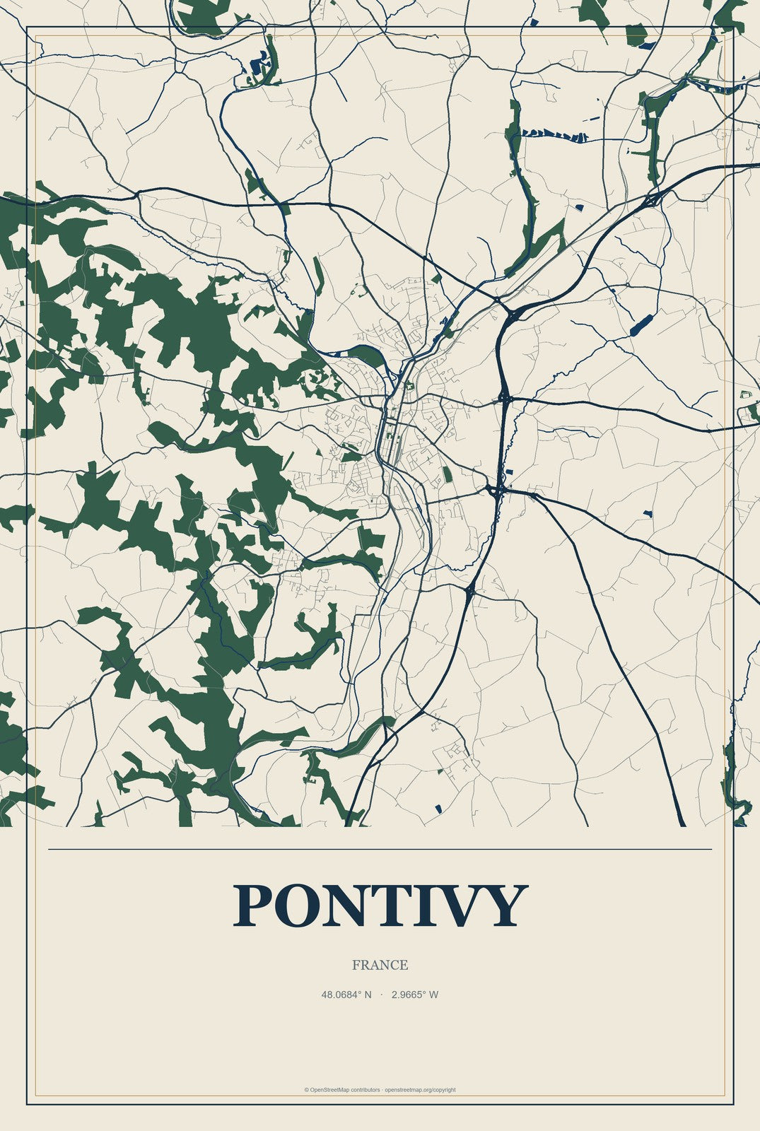Pontivy, France City Map Aluminum Sign in Coastal Cutout style