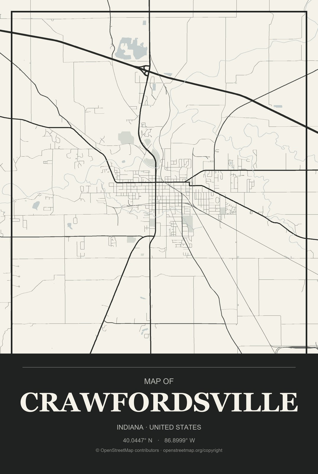 Crawfordsville, Indiana City Map Aluminum Sign in Museum Plaque style