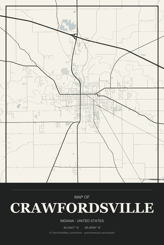 Crawfordsville, Indiana City Map Aluminum Sign in Museum Plaque style