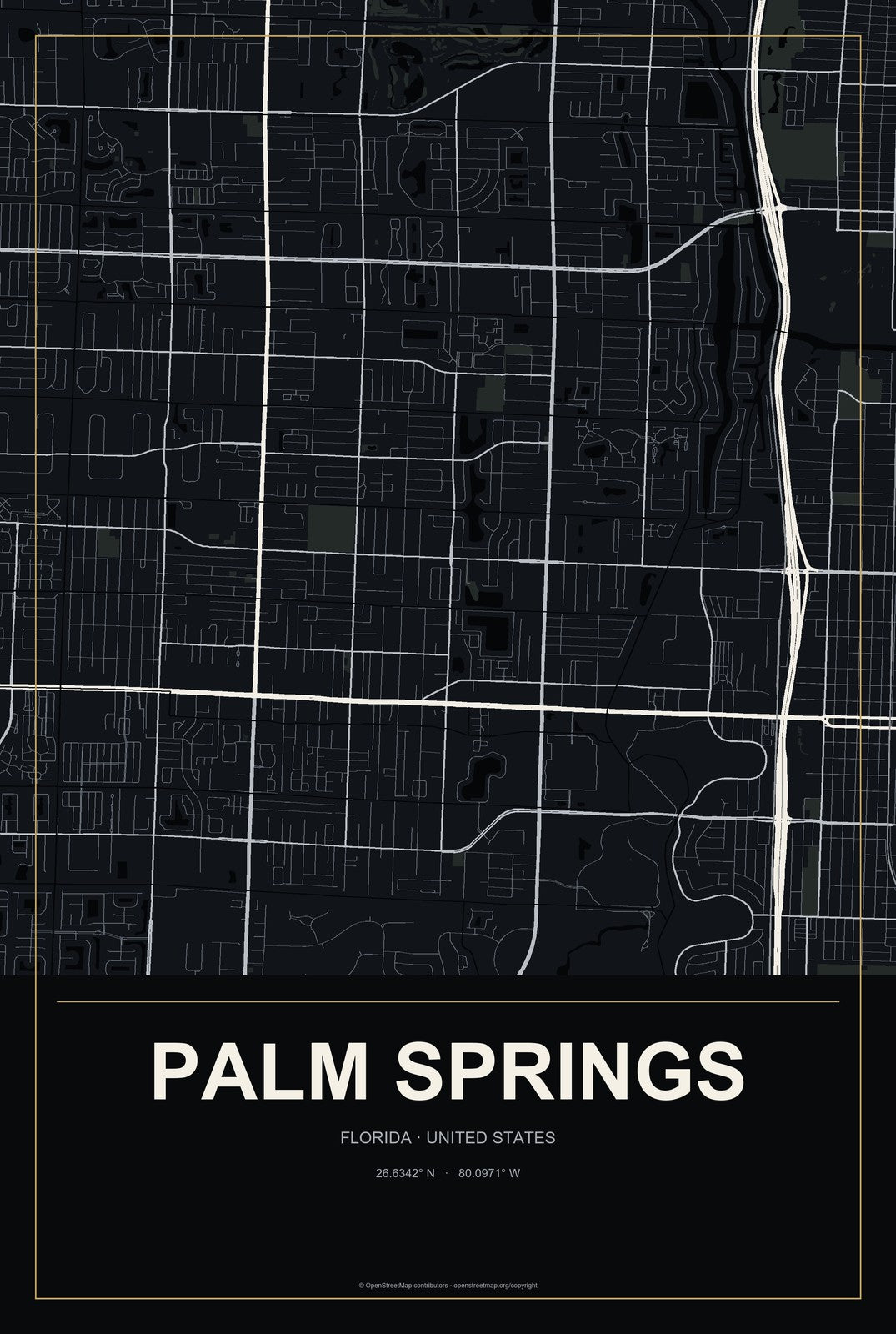 Palm Springs, Florida City Map Aluminum Sign in Metropolitan Noir style