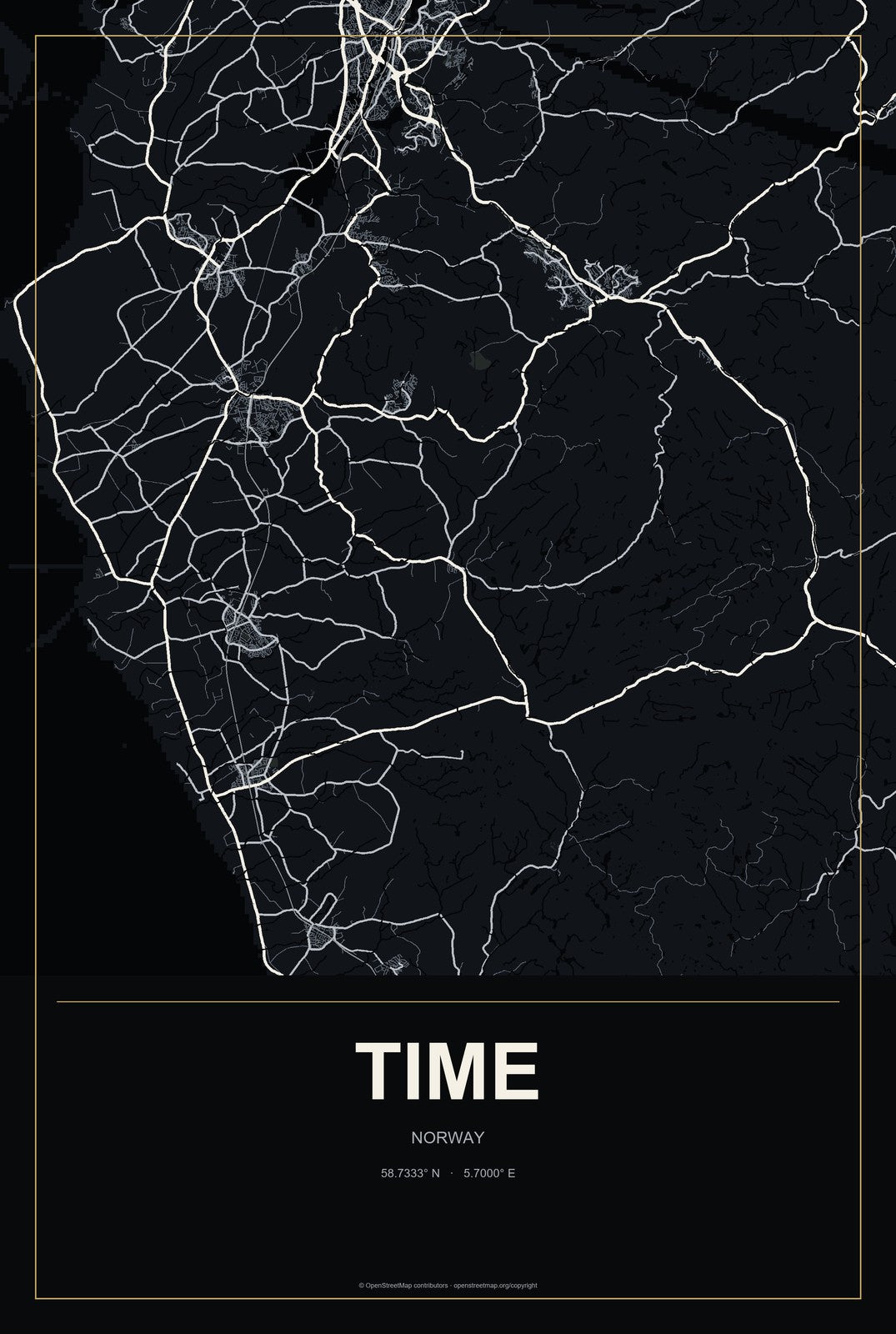 Time, Norway City Map Aluminum Sign in Metropolitan Noir style