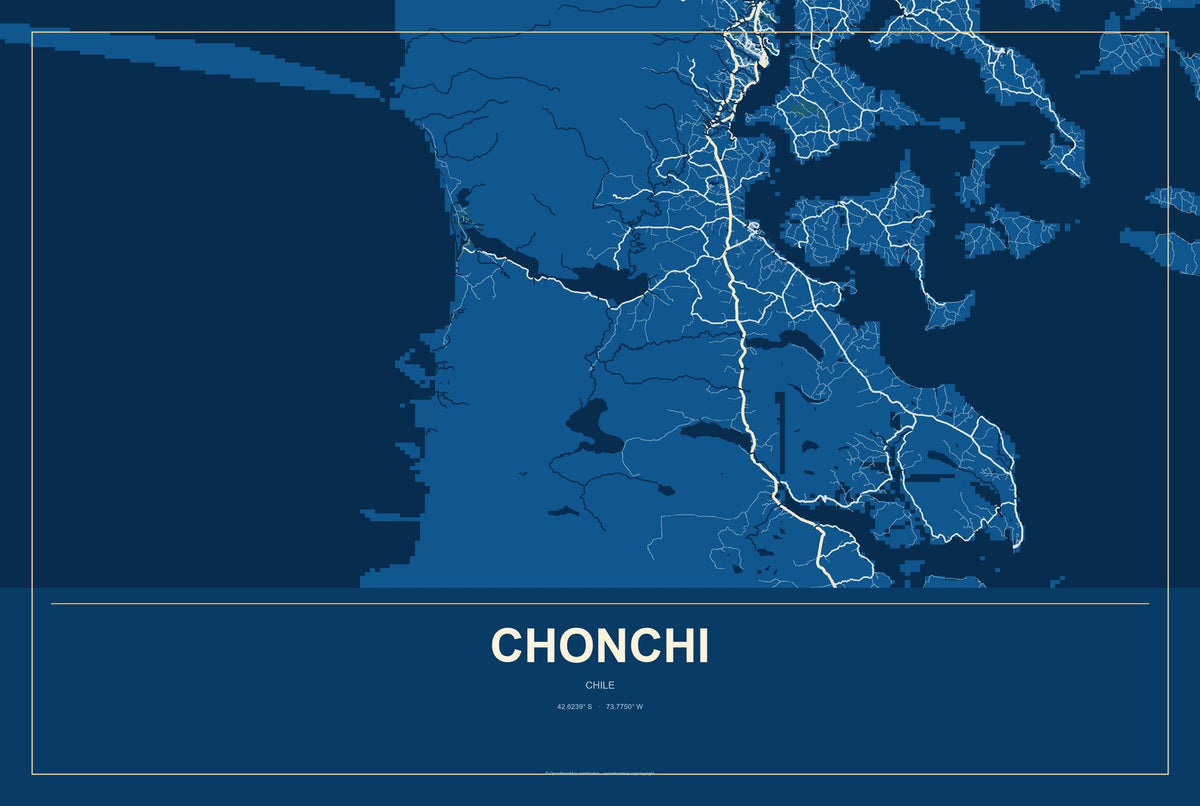 Chonchi, Chile City Map Aluminum Sign in Harbor Cobalt style