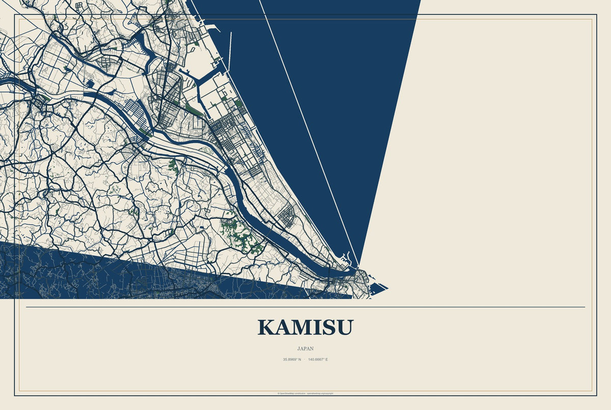 Kamisu, Japan City Map Aluminum Sign in Coastal Cutout style