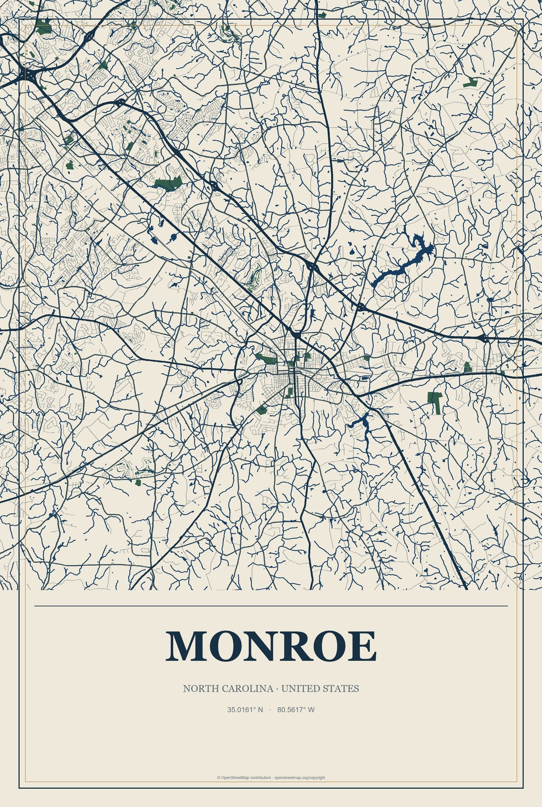 Monroe, North Carolina City Map Aluminum Sign in Coastal Cutout style