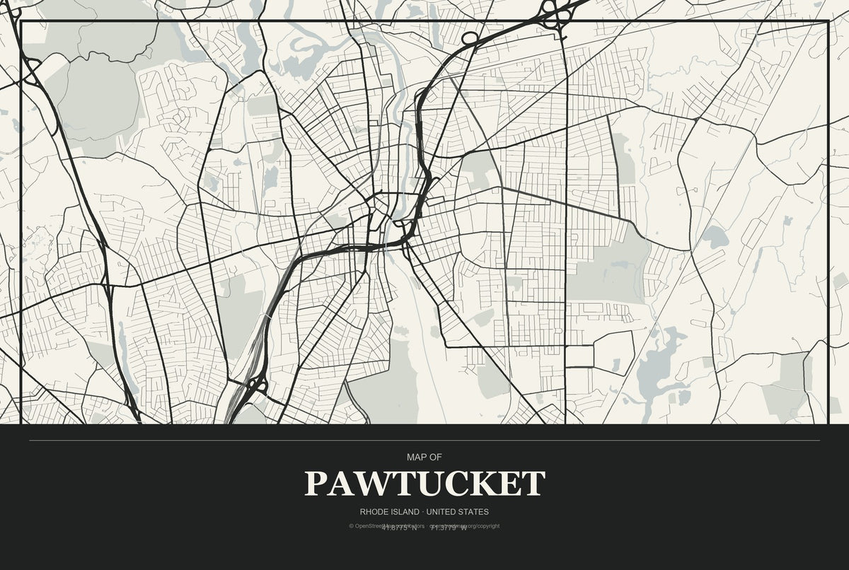Pawtucket, Rhode Island City Map Aluminum Sign in Museum Plaque style