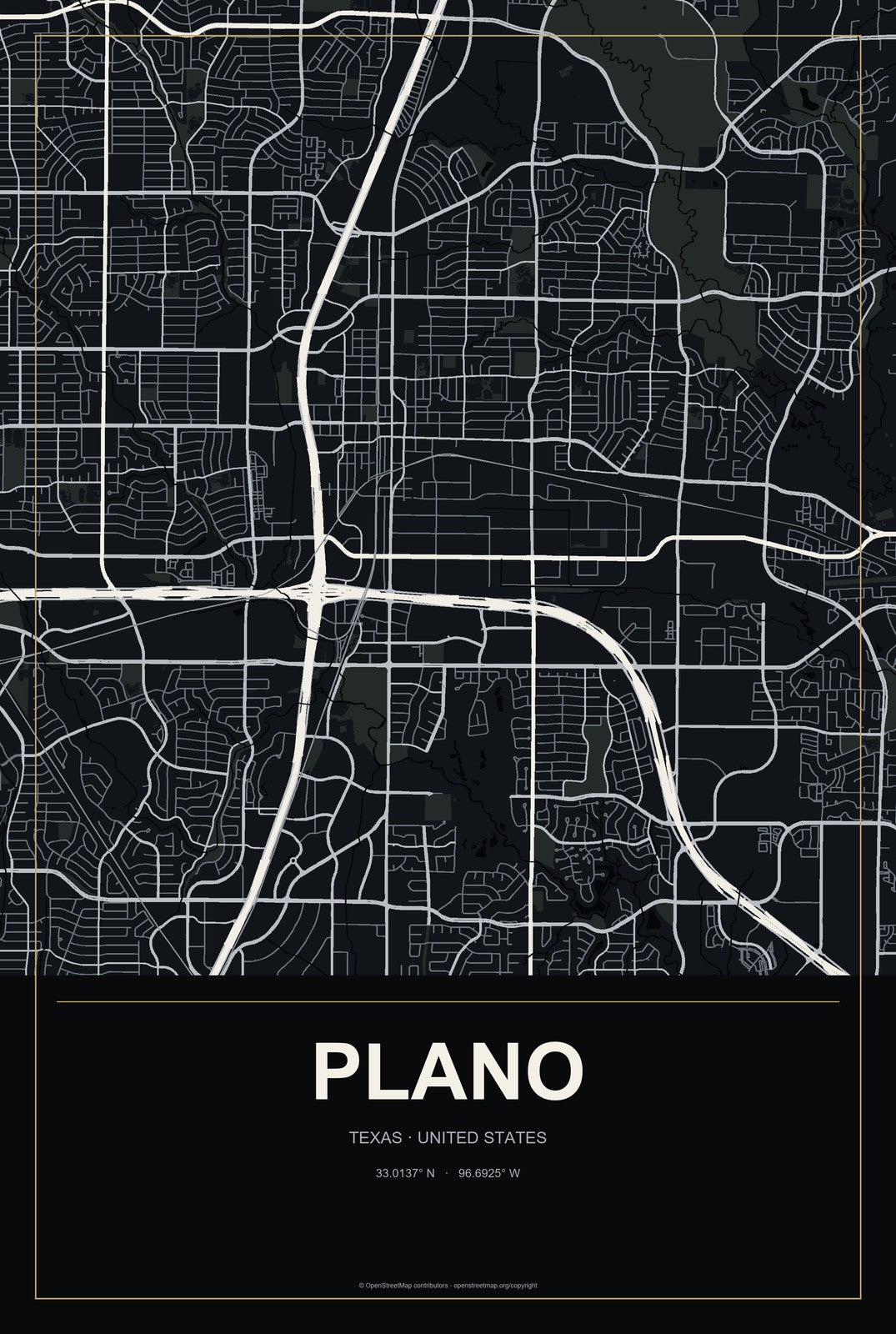 Plano, Texas City Map Aluminum Sign in Metropolitan Noir style
