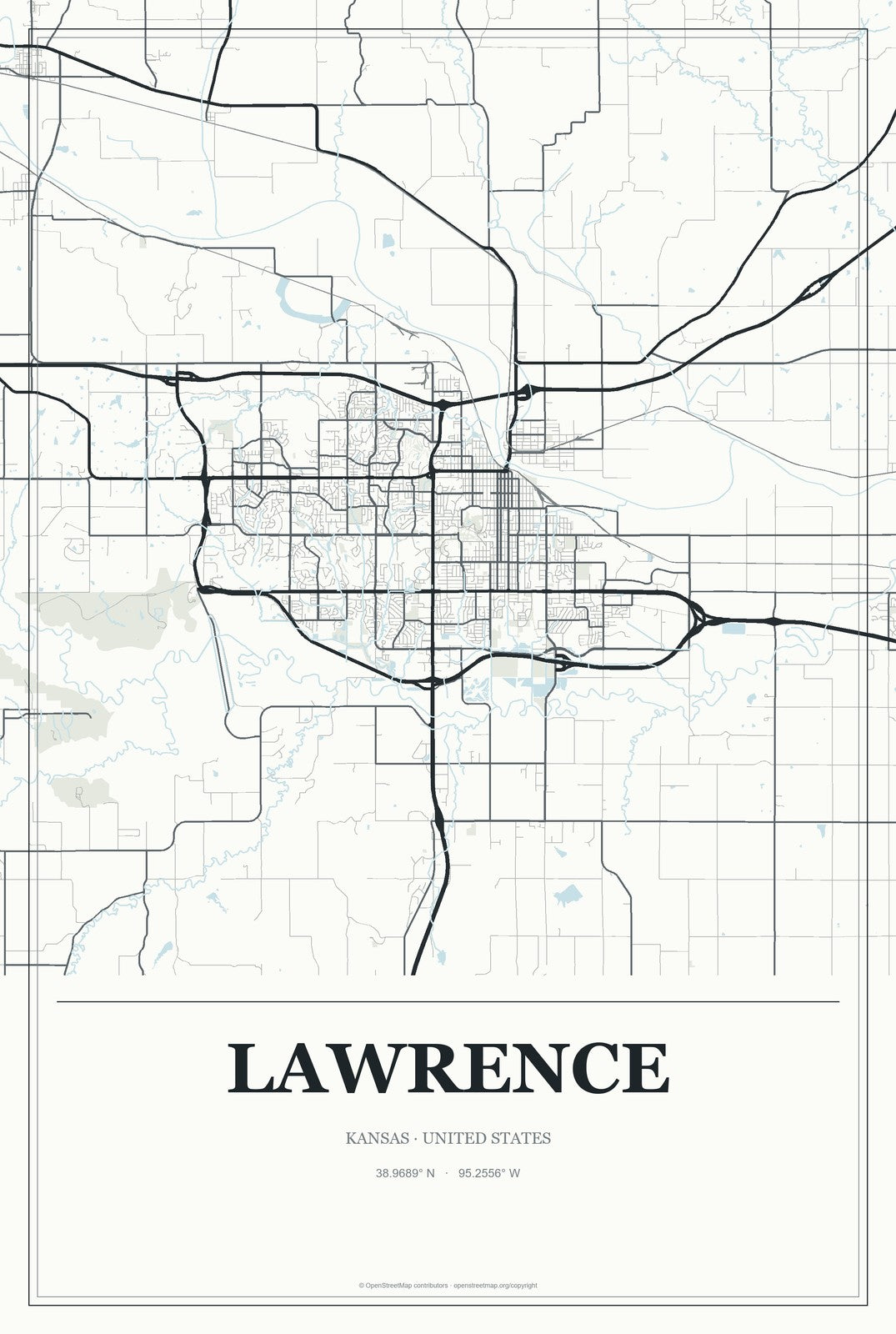 Lawrence, Kansas City Map Aluminum Sign in Gallery Air style
