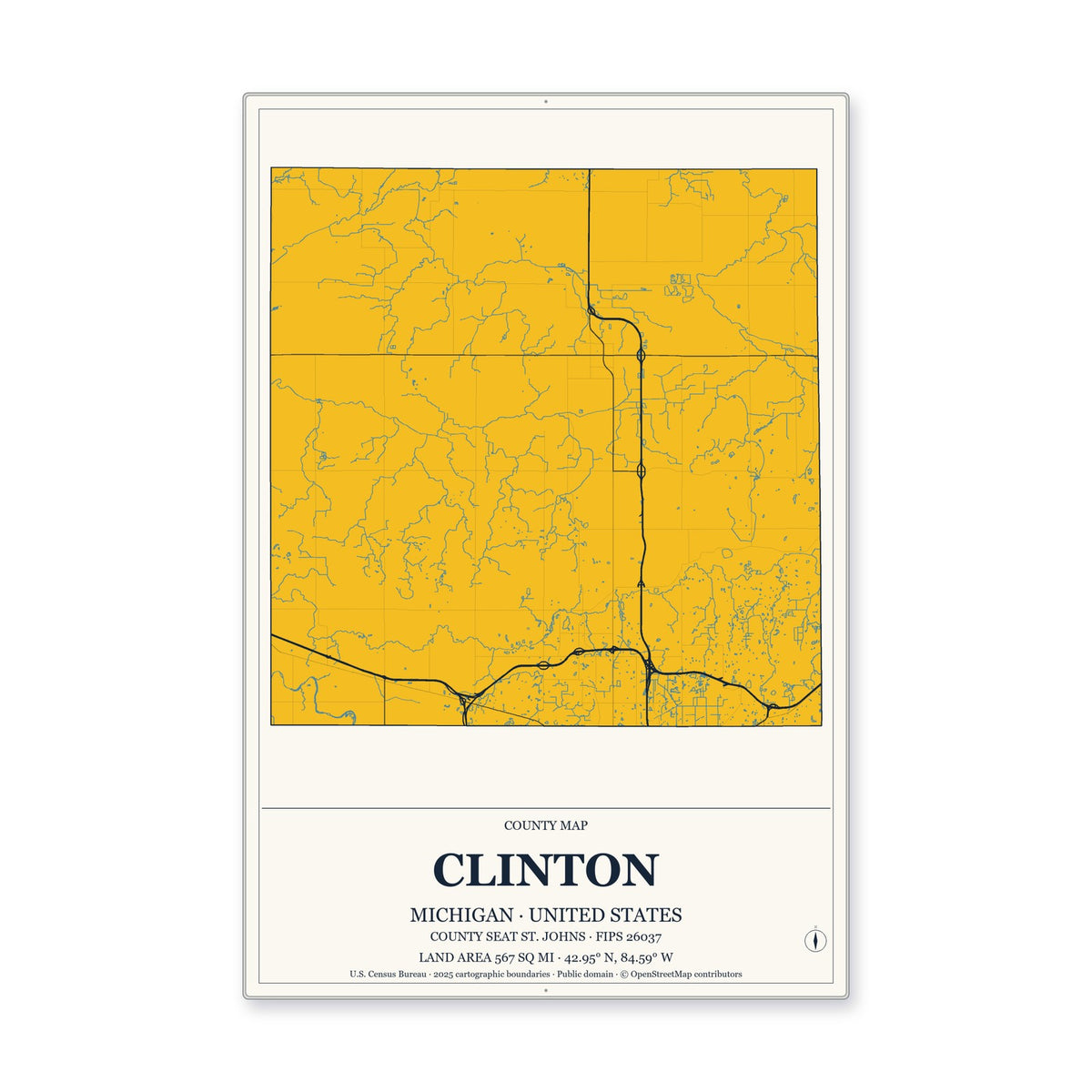 Clinton County, Michigan Map Aluminum Sign in Citrine Modern style