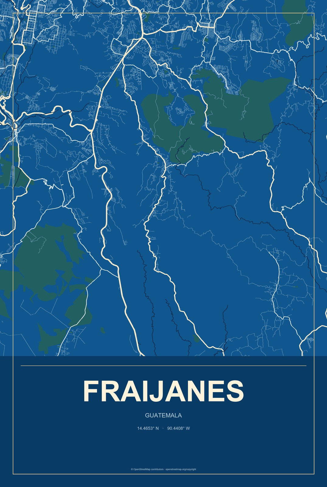 Fraijanes, Guatemala City Map Aluminum Sign in Harbor Cobalt style