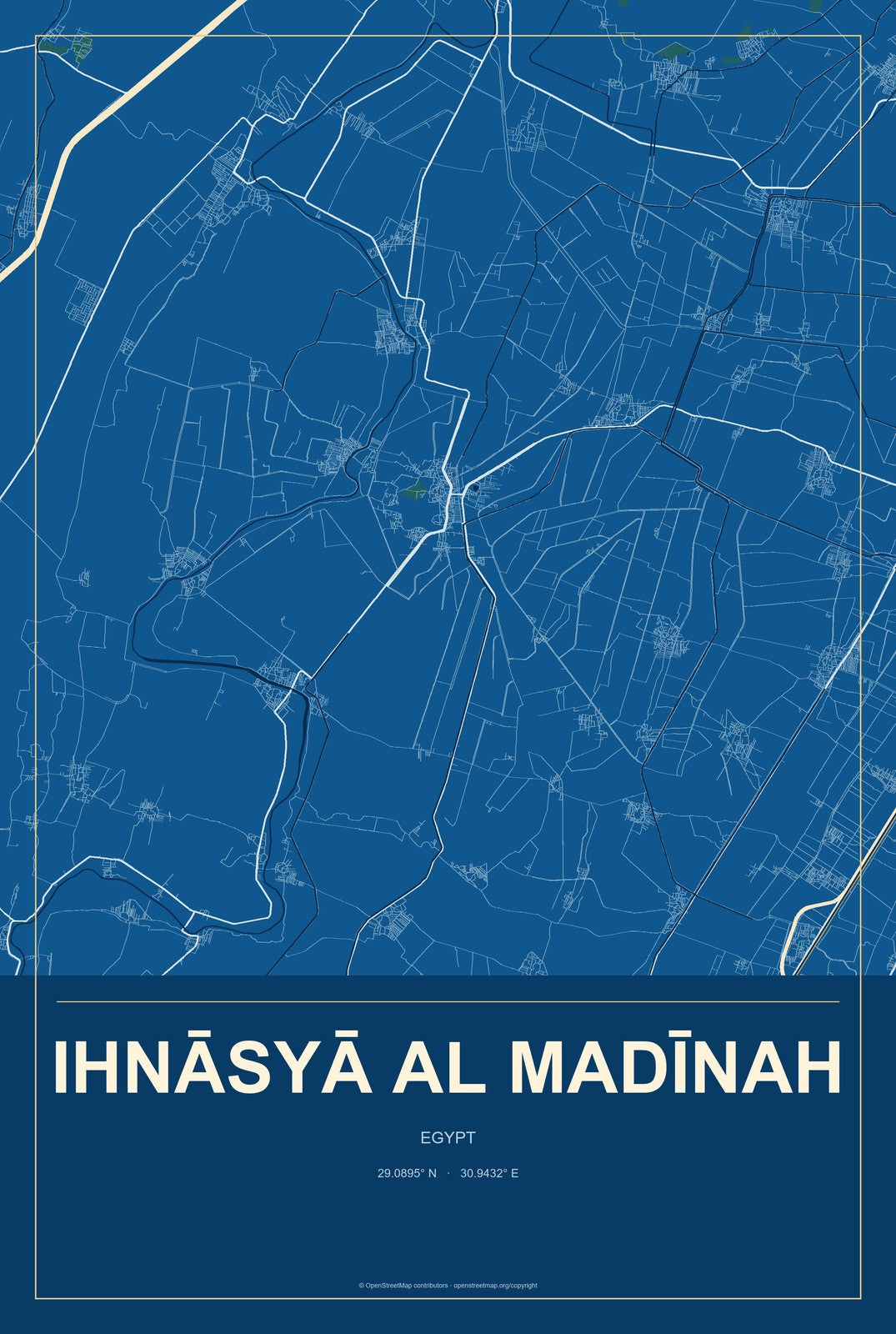 Ihnāsyā al Madīnah, Egypt City Map Aluminum Sign in Harbor Cobalt style