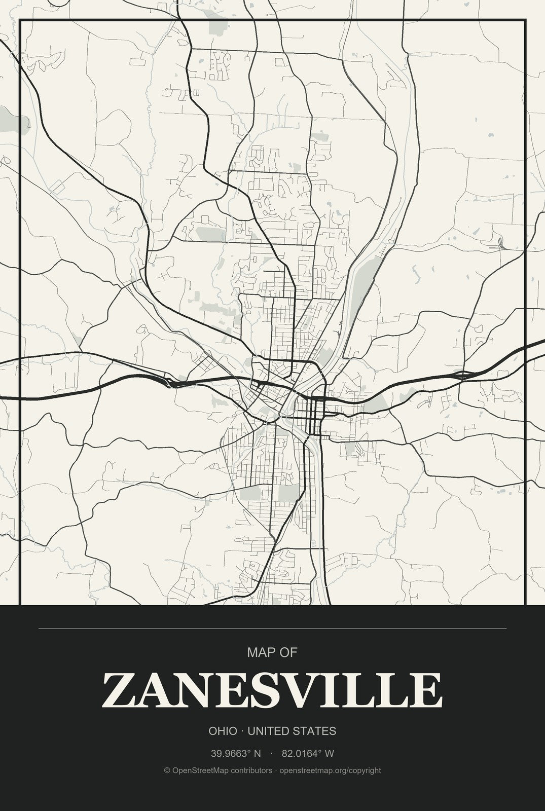 Zanesville, Ohio City Map Aluminum Sign in Museum Plaque style