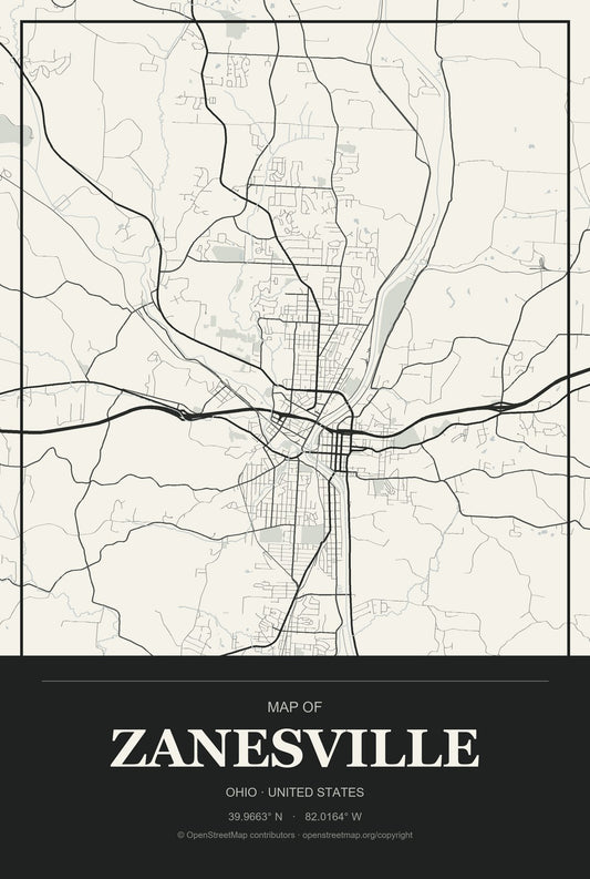 Zanesville, Ohio City Map Aluminum Sign in Museum Plaque style