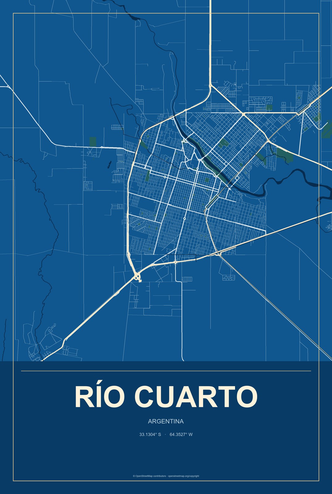 Río Cuarto, Argentina City Map Aluminum Sign in Harbor Cobalt style