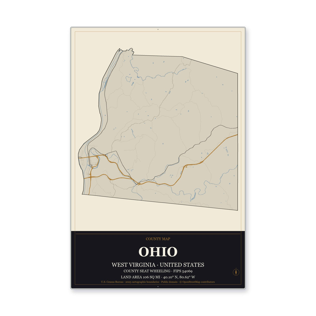 Ohio County, West Virginia Map Aluminum Sign in Museum Plaque style