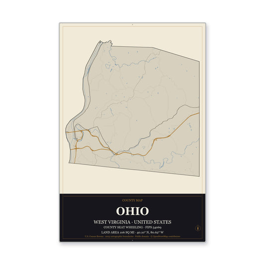 Ohio County, West Virginia Map Aluminum Sign in Museum Plaque style