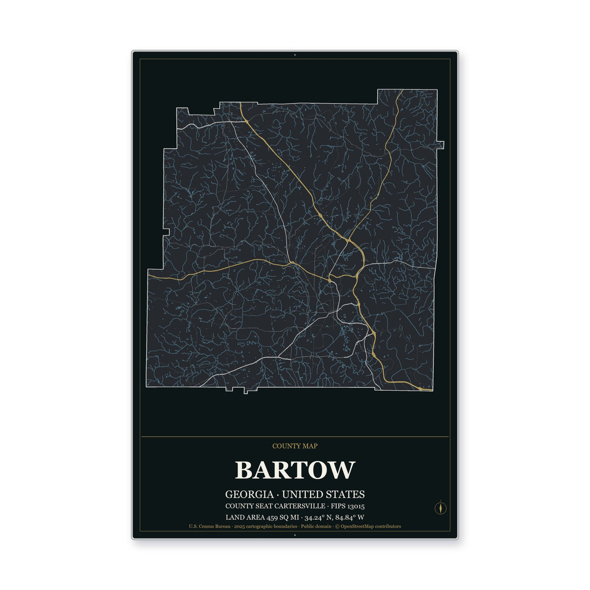 Bartow County, Georgia Map Aluminum Sign in Metropolitan Noir style