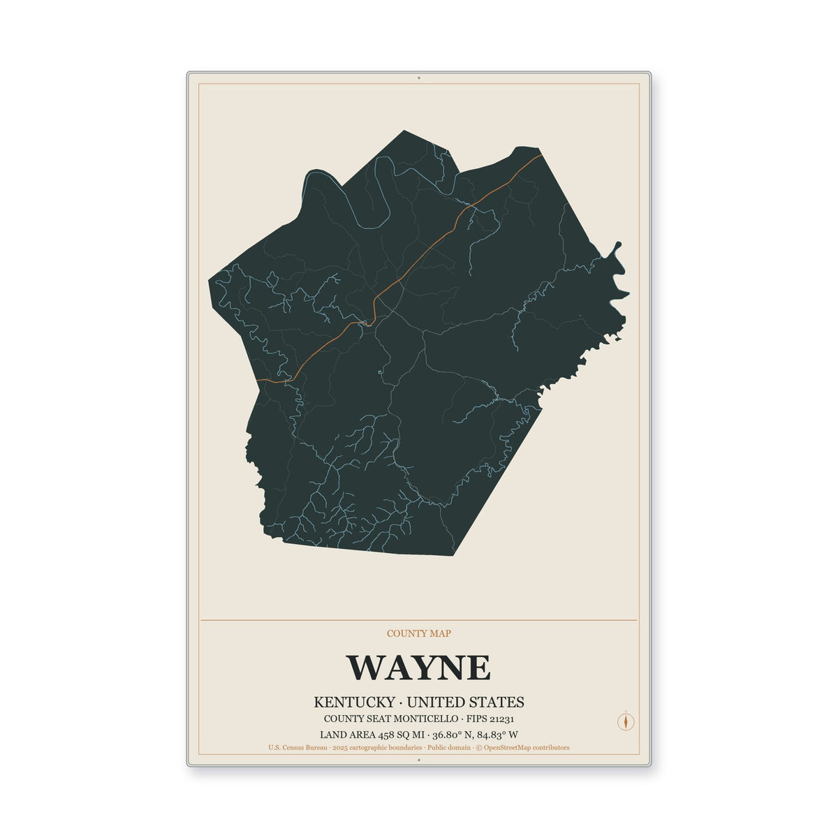 Wayne County, Kentucky Map Aluminum Sign in Headline Atlas style