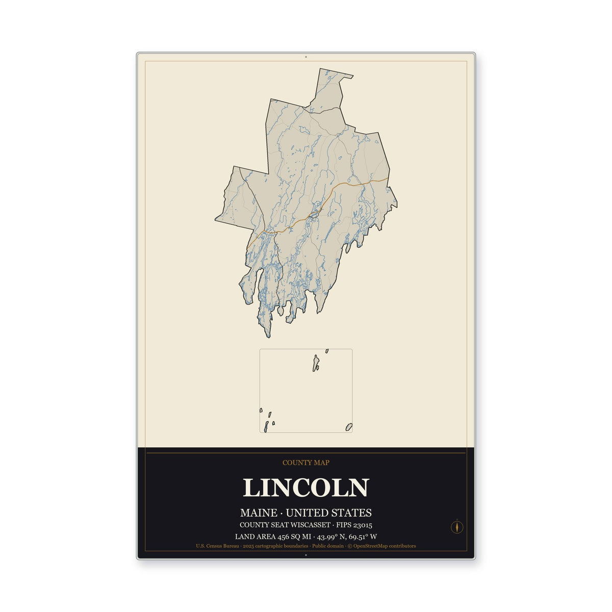 Lincoln County, Maine Map Aluminum Sign in Museum Plaque style