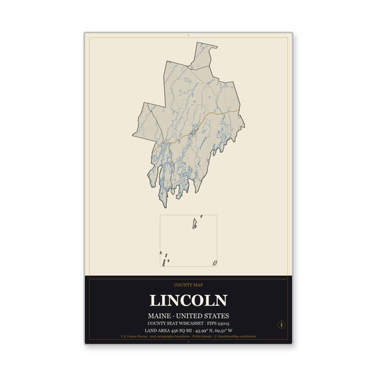Lincoln County, Maine Map Aluminum Sign in Museum Plaque style