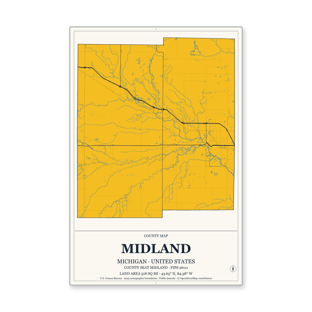 Midland County, Michigan Map Aluminum Sign in Citrine Modern style