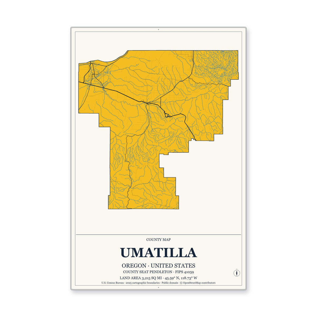 Umatilla County, Oregon Map Aluminum Sign in Citrine Modern style