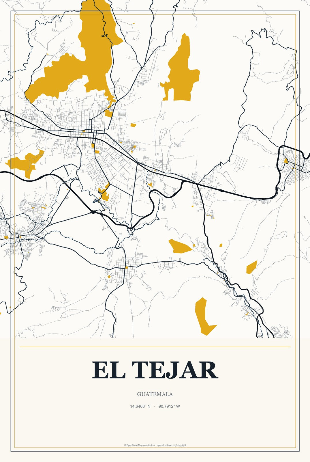 El Tejar, Guatemala City Map Aluminum Sign in Citrine Modern style
