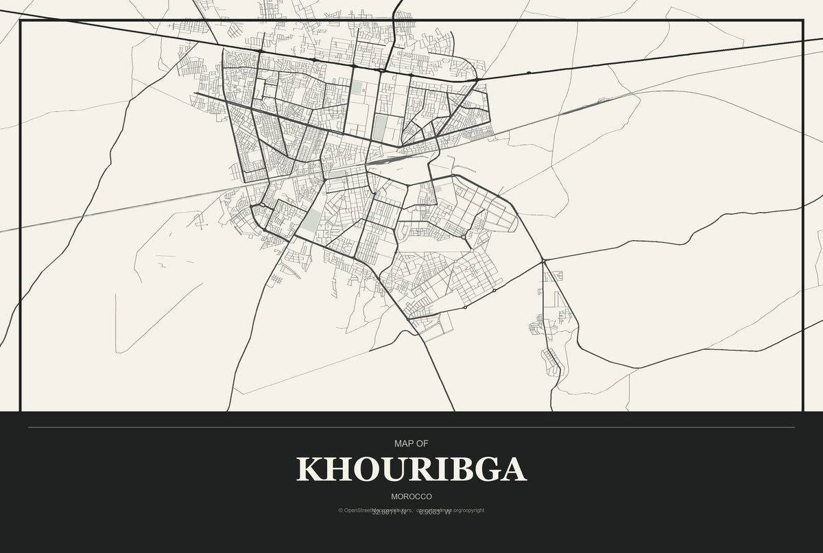 Khouribga, Morocco City Map Aluminum Sign in Museum Plaque style