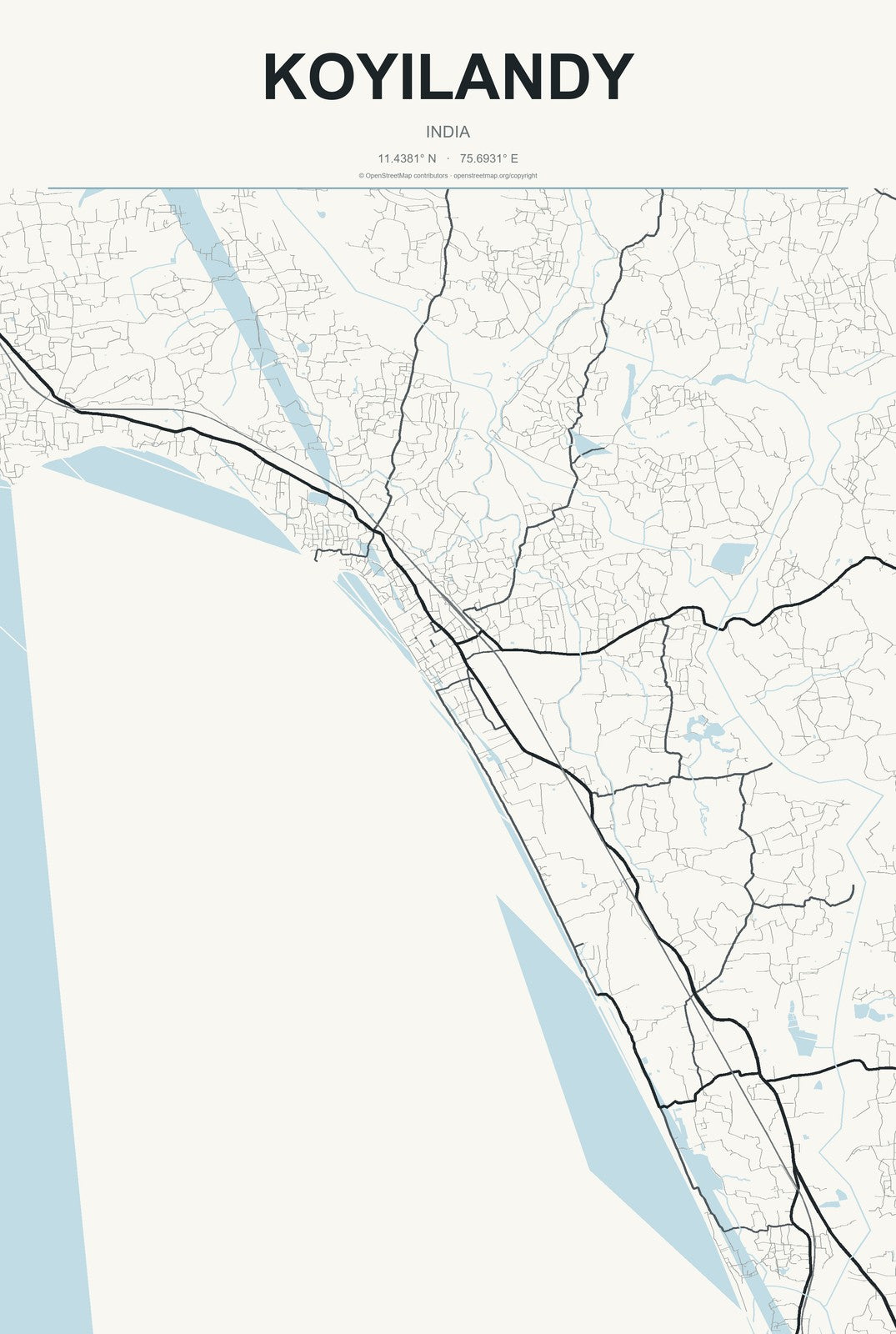 Koyilandy, India City Map Aluminum Sign in Headline Atlas style