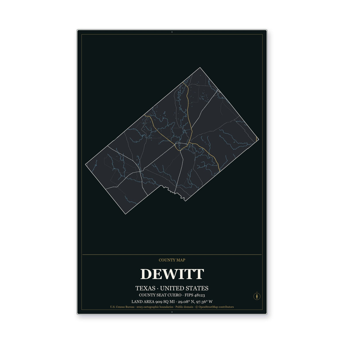 DeWitt County, Texas Map Aluminum Sign in Metropolitan Noir style