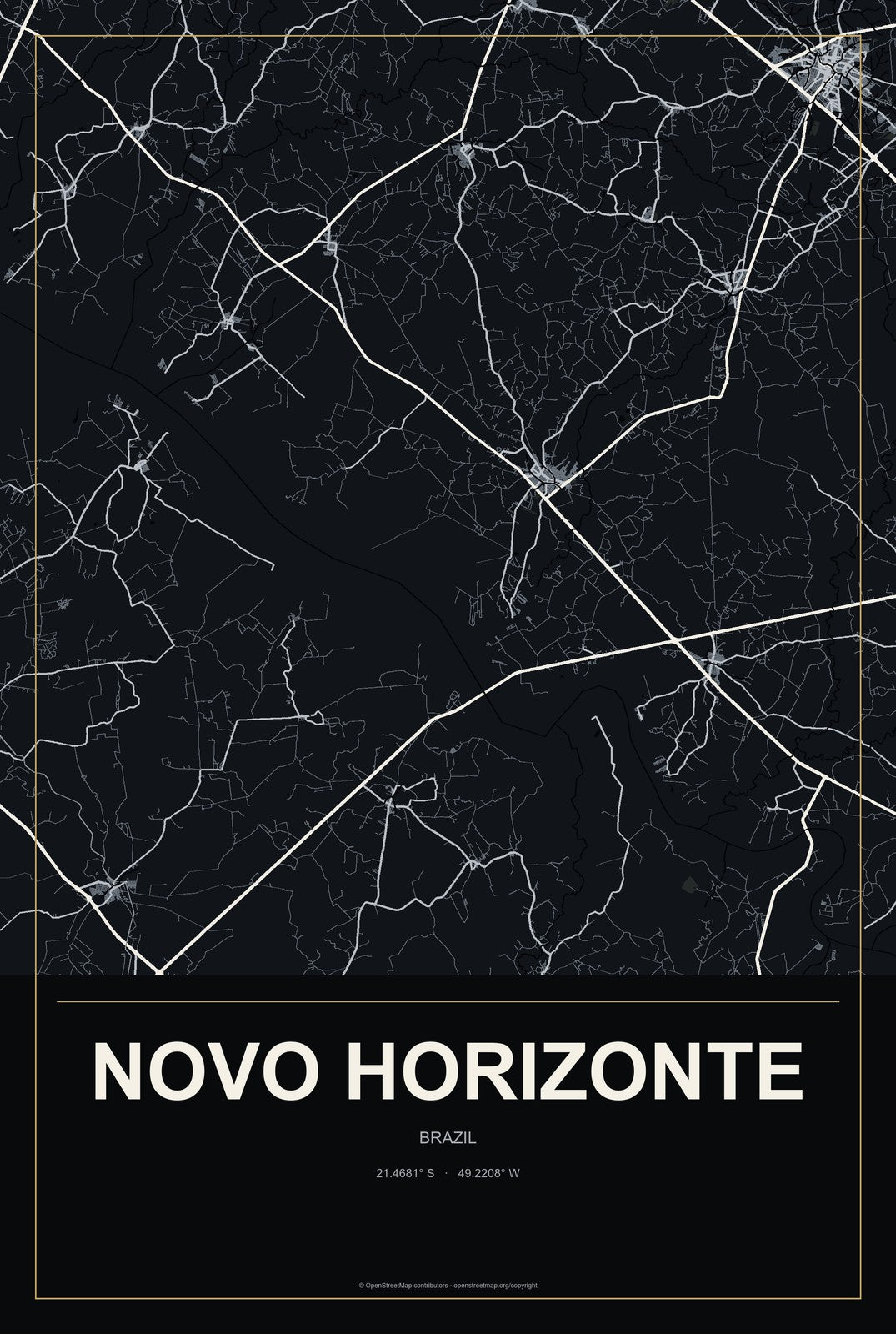 Novo Horizonte, São Paulo, Brazil City Map Aluminum Sign in Metropolitan Noir style