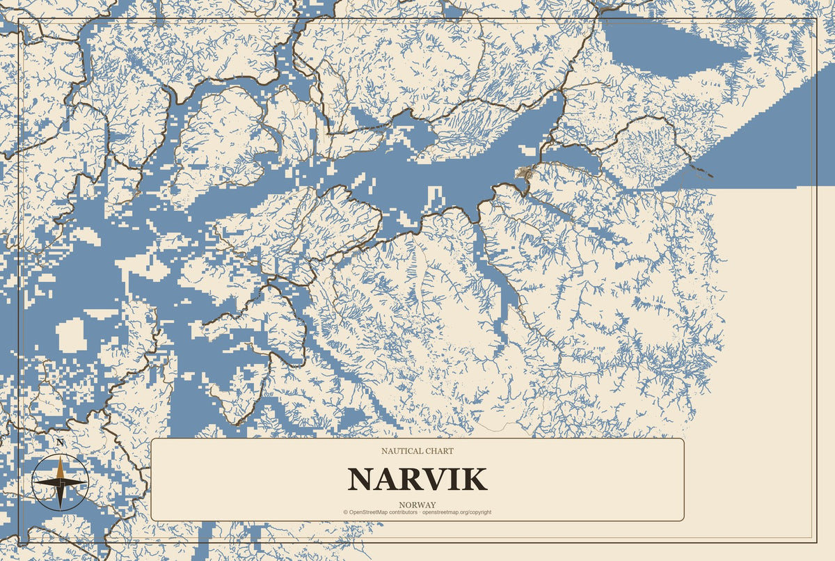 Narvik, Norway City Map Aluminum Sign in Heritage Nautical style