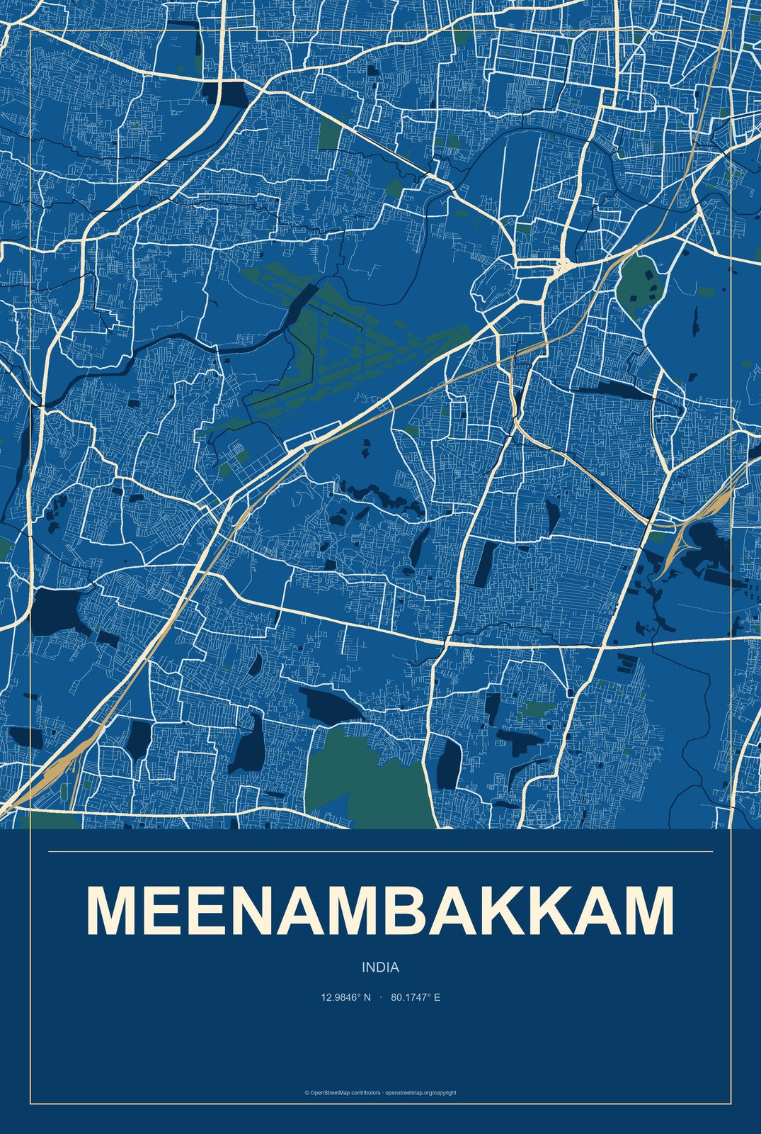 Meenambakkam, India City Map Aluminum Sign in Harbor Cobalt style