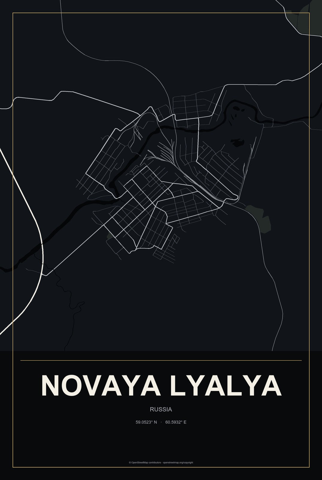 Novaya Lyalya, Russia City Map Aluminum Sign in Metropolitan Noir style