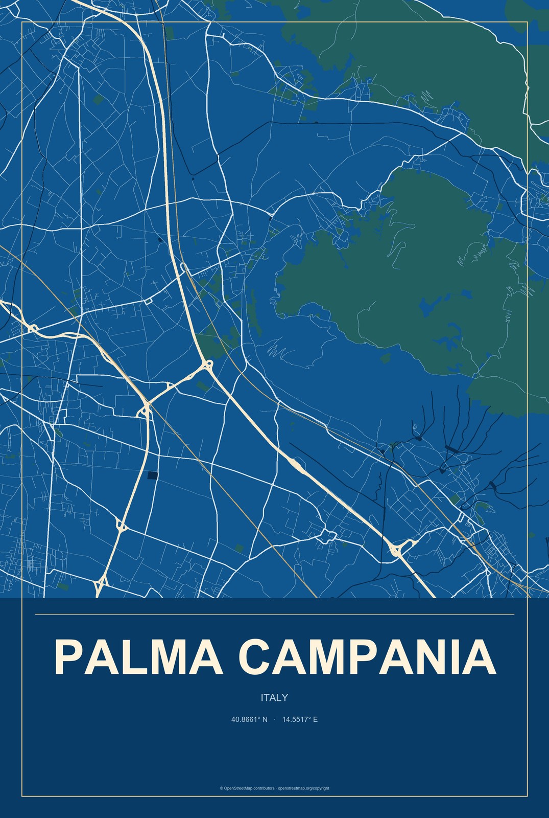 Palma Campania, Italy City Map Aluminum Sign in Harbor Cobalt style