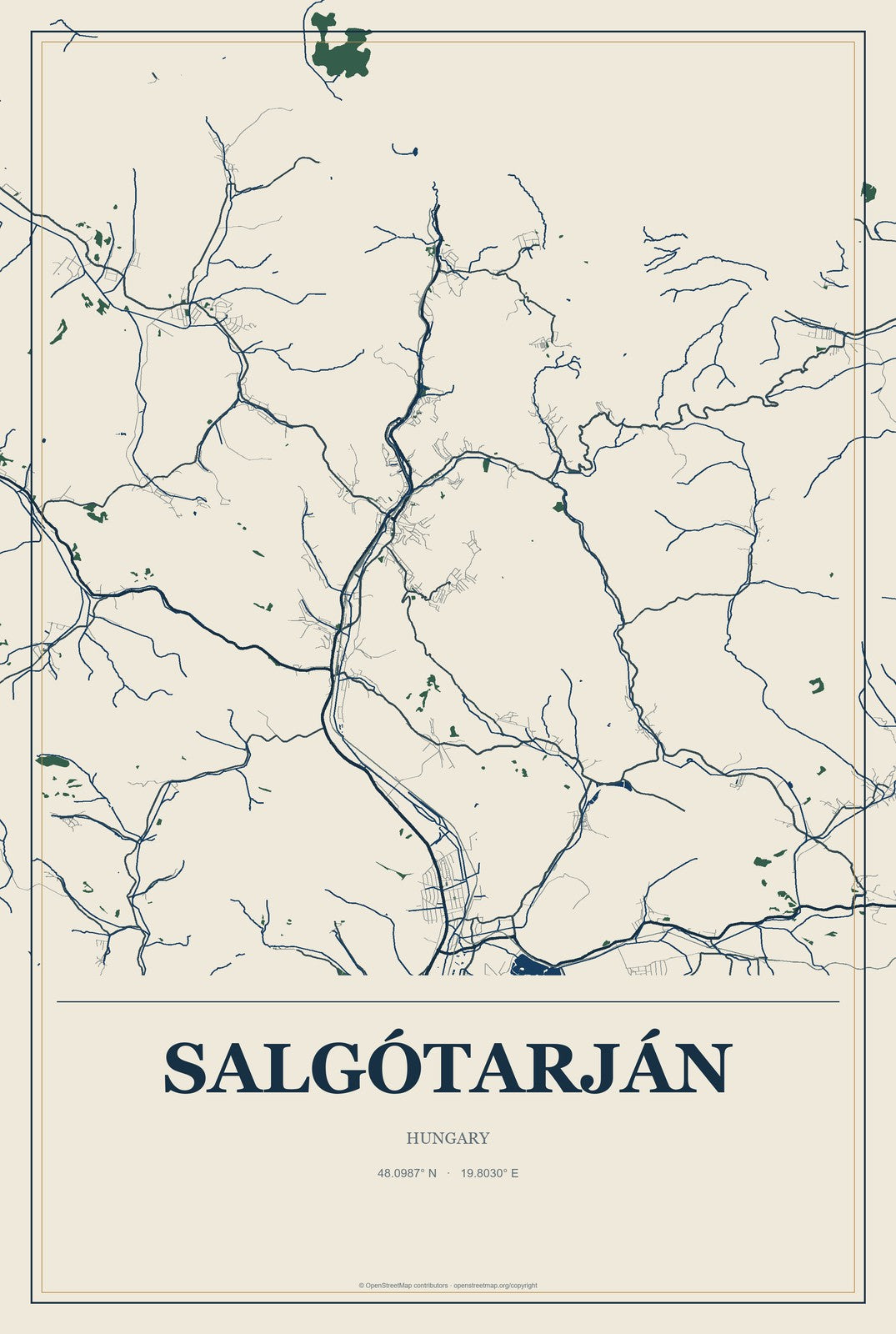 Salgótarján, Hungary City Map Aluminum Sign in Coastal Cutout style