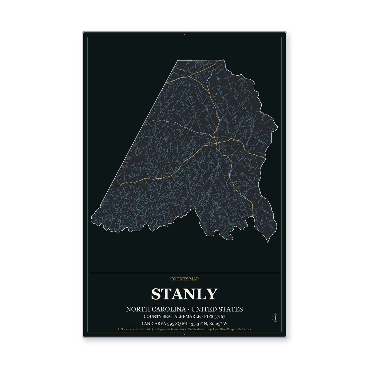 Stanly County, North Carolina Map Aluminum Sign in Metropolitan Noir style