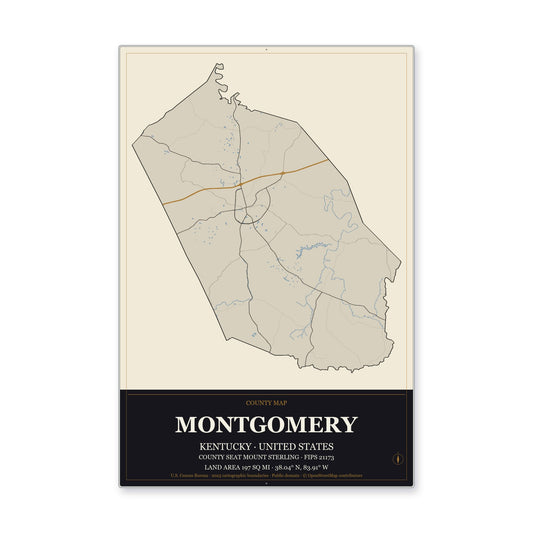 Montgomery County, Kentucky Map Aluminum Sign in Museum Plaque style