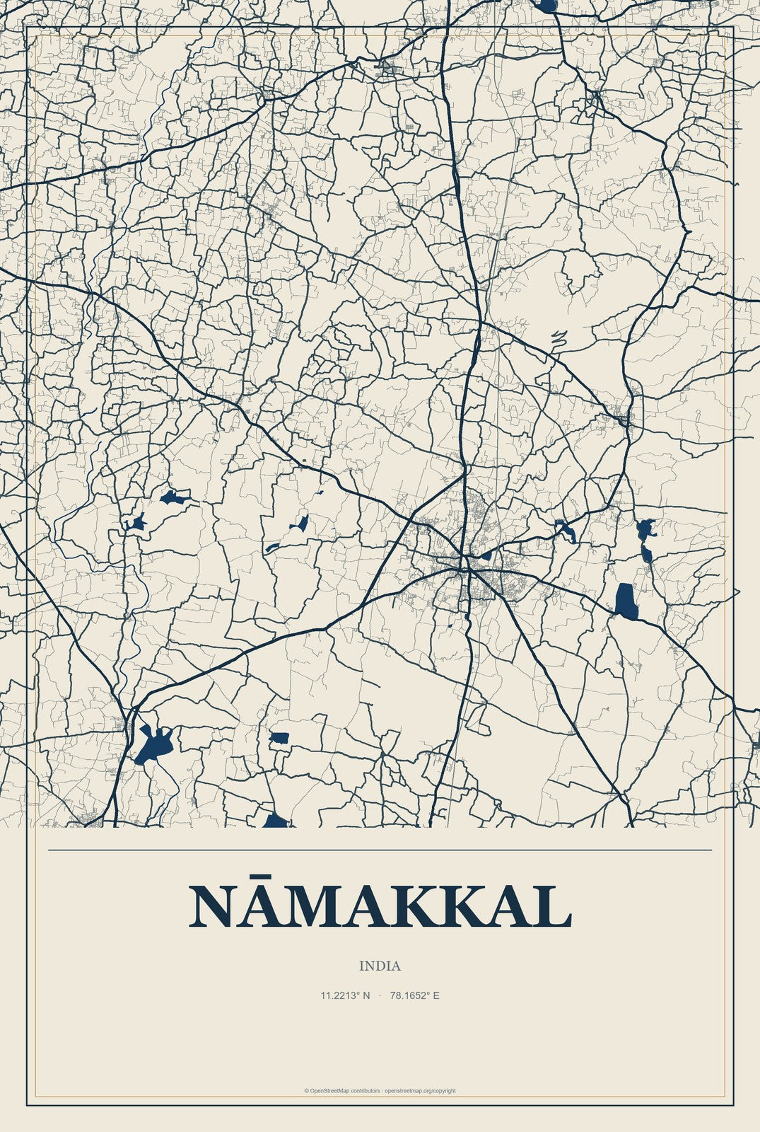Nāmakkal, India City Map Aluminum Sign in Coastal Cutout style