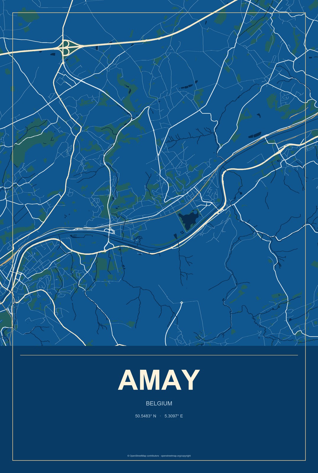 Amay, Belgium City Map Aluminum Sign in Harbor Cobalt style