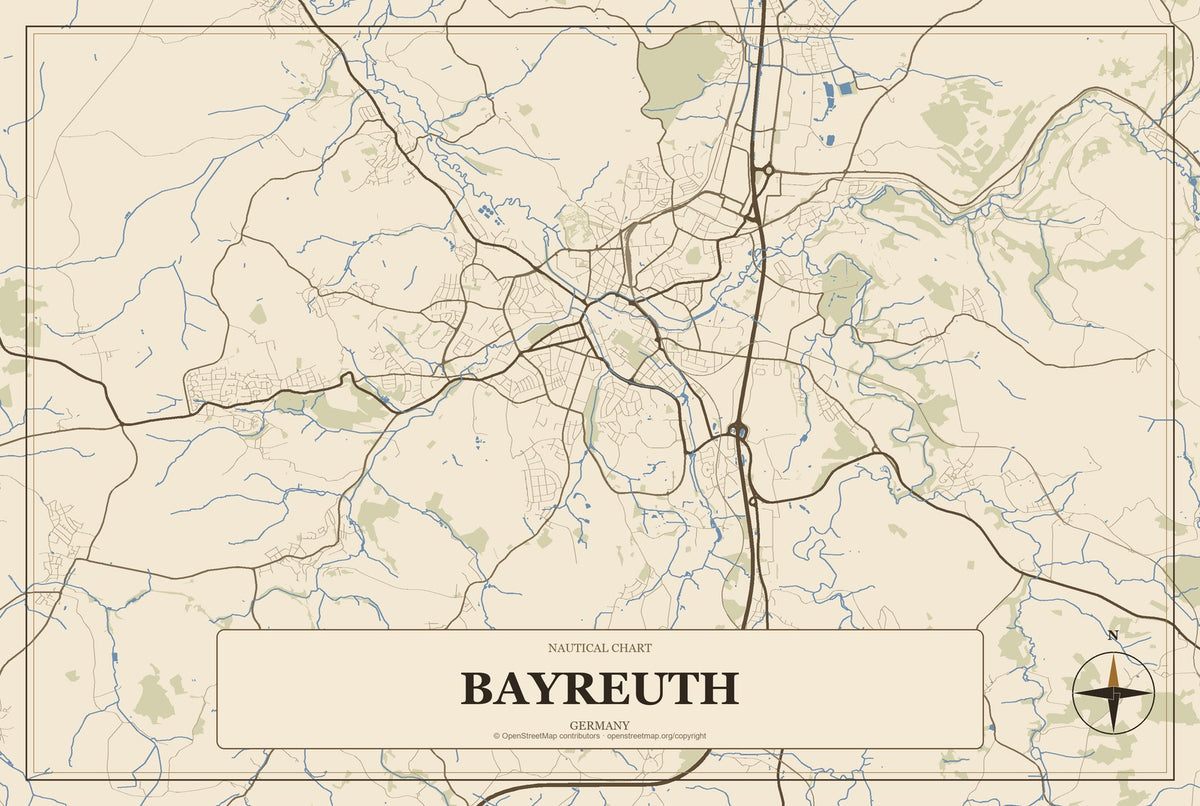 Bayreuth, Germany City Map Aluminum Sign in Heritage Nautical style