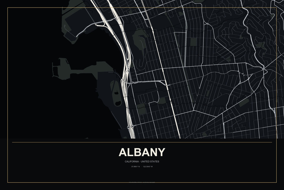 Albany, California City Map Aluminum Sign in Metropolitan Noir style