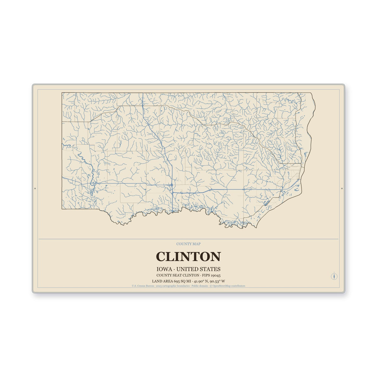 Clinton County, Iowa Map Aluminum Sign in Heritage Nautical style